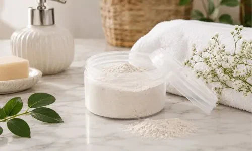Poudre déodorante naturelle dans un pot ouvert sur un plan de travail en marbre avec serviette blanche et accessoires de salle de bain, illustrant une routine de soin naturelle et une fraîcheur quotidienne.