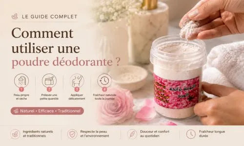 Application d'une poudre déodorante naturelle Toutia par Mnatura : guide d'utilisation étape par étape pour une routine de fraîcheur inspirée des traditions marocaines.