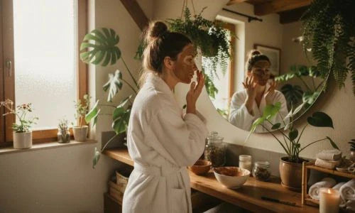 Femme appliquant un masque au ghassoul dans sa salle de bain, routine beauté naturelle à domicile