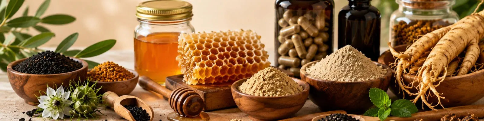 Compléments alimentaires naturels avec miel, nigelle, ginseng et superaliments pour le bien-être quotidien