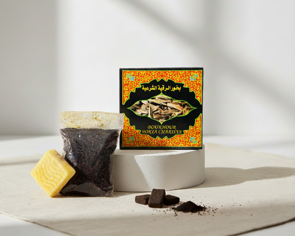 Encens Bakhour Rouquia traditionnel, fumée spirituelle pour purification et protection.