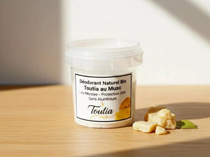 Déodorant naturel Toutia parfum Musc de Mnatura, flacon artisanal sans aluminium, fait main au Maroc.