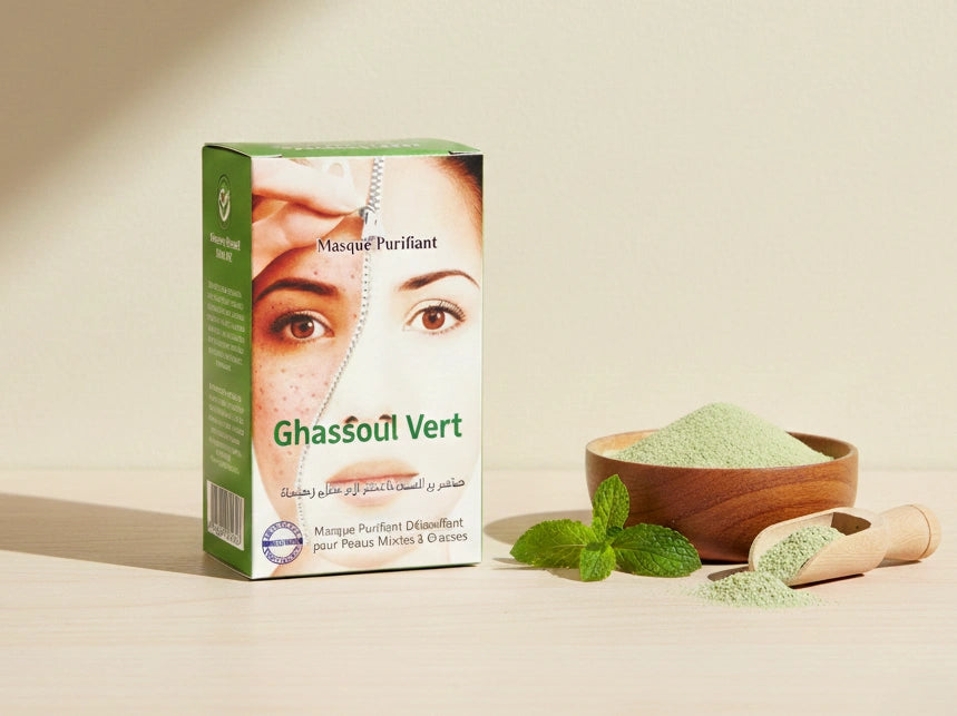 Ghassoul Vert - Masque Purifiant Détoxifiant pour Peaux Mixtes à Grasses
