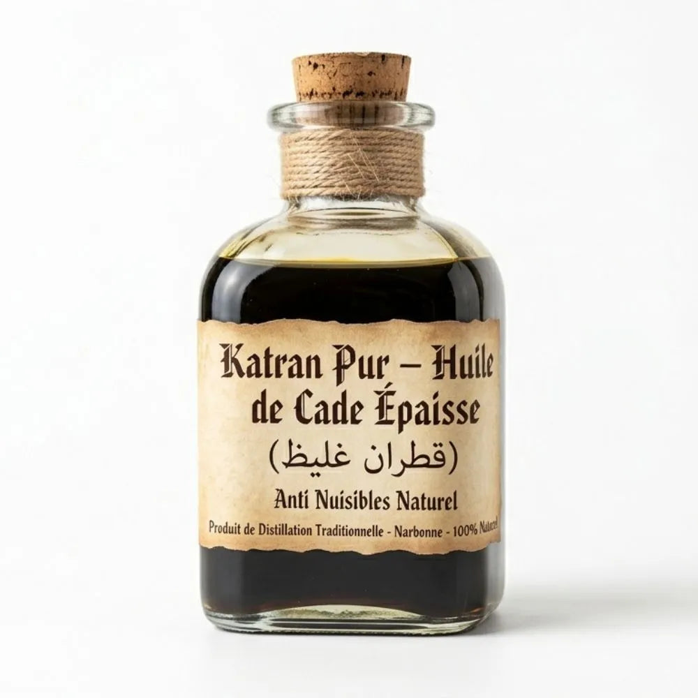 Une bouteille en verre d'apothicaire remplie d'un liquide sombre et visqueux, l'Huile de Cade Épaisse (Katran Pur), posée sur un fond blanc uni. L'étiquette de style parchemin vieilli est clairement lisible avec le texte : « Katran Pur – Huile de Cade Épaisse », l'inscription en arabe (قطران غليظ), et la mention « Anti Nuisibles Naturel - Produit de Distillation Traditionnelle - Narbonne - 100% Naturel .