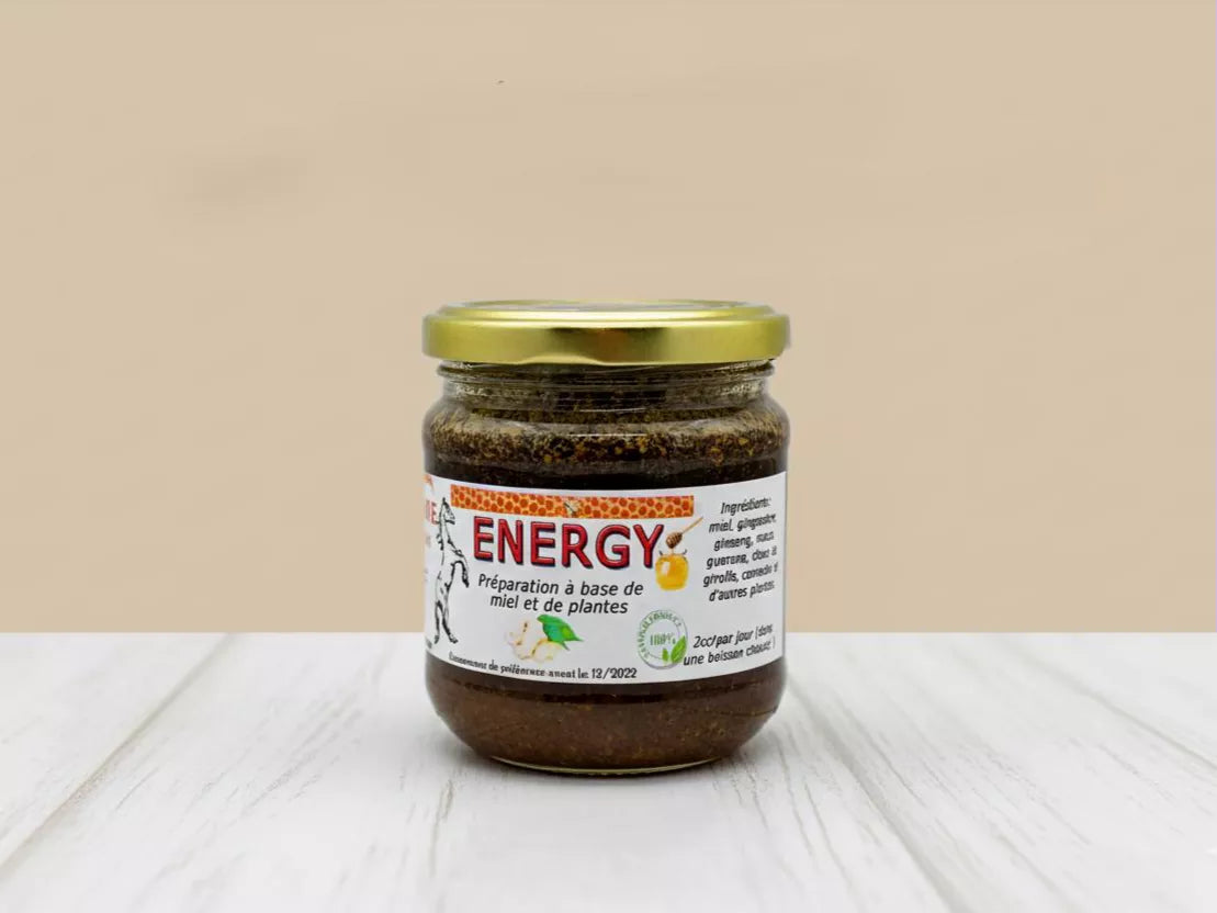 Pot de miel énergisant au ginseng, gingembre et nigelle – revitalisant naturel