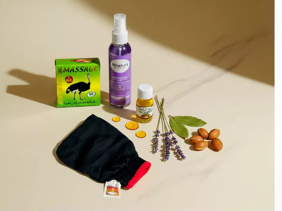 Coffret massage naturel avec huile d’argan, crème à l’huile d’autruche, gant hammam et huile essentielle de rose