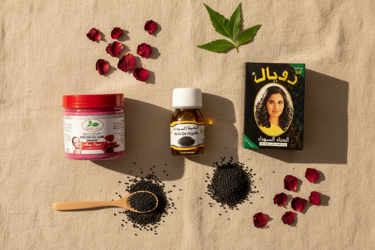 Bundle capillaire naturel 3 produits : Henné Noir Royal, Huile de Nigelle et Gommage Aker Fassi – Rituel marocain Mnatura