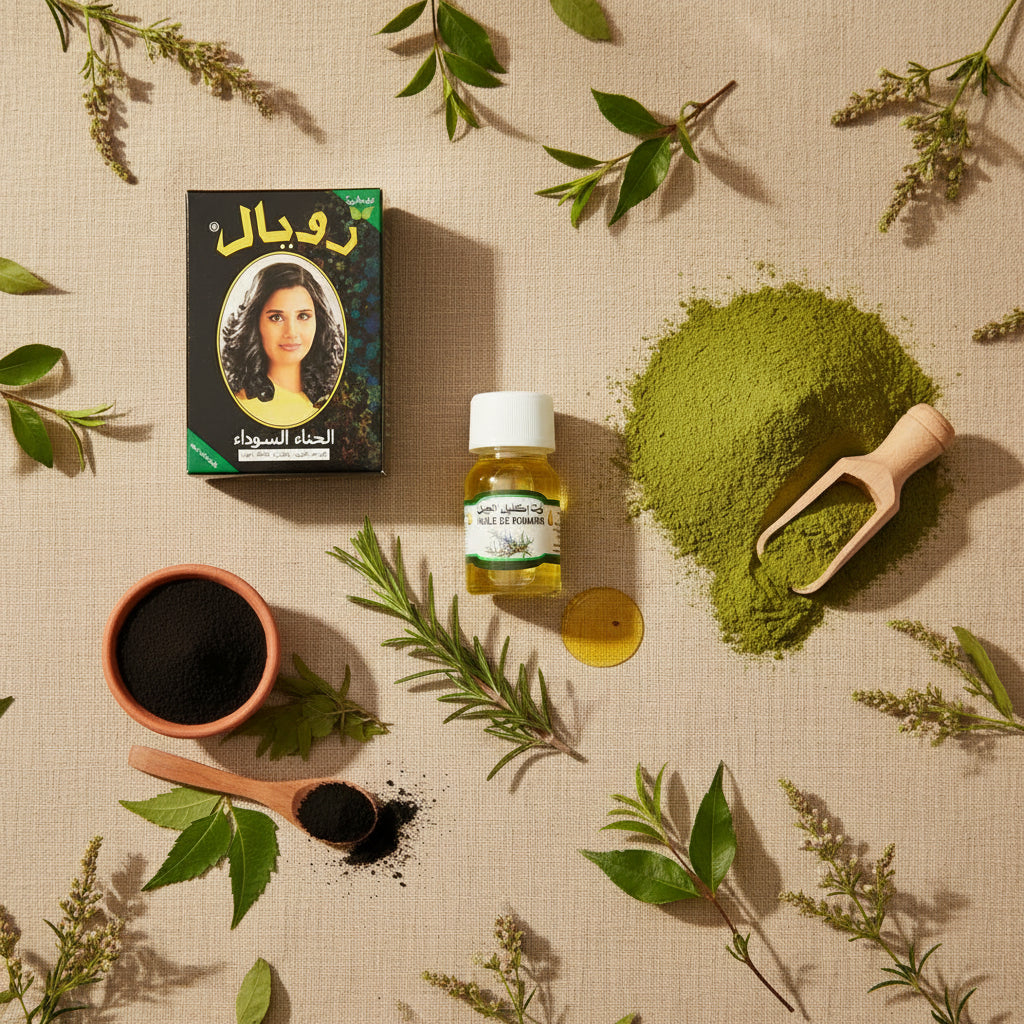 Bundle routine capillaire naturelle complète : Henné Noir Royal, Huile de Romarin et Poudre de Sidr — Mnatura