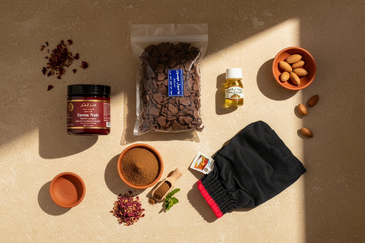 Coffret Hammam Oriental Mnatura – Savon Noir Aker Fassi, Ghassoul aux Plantes, Gant Kessa Noir & Huile d'Argan Pure – Rituel naturel marocain complet