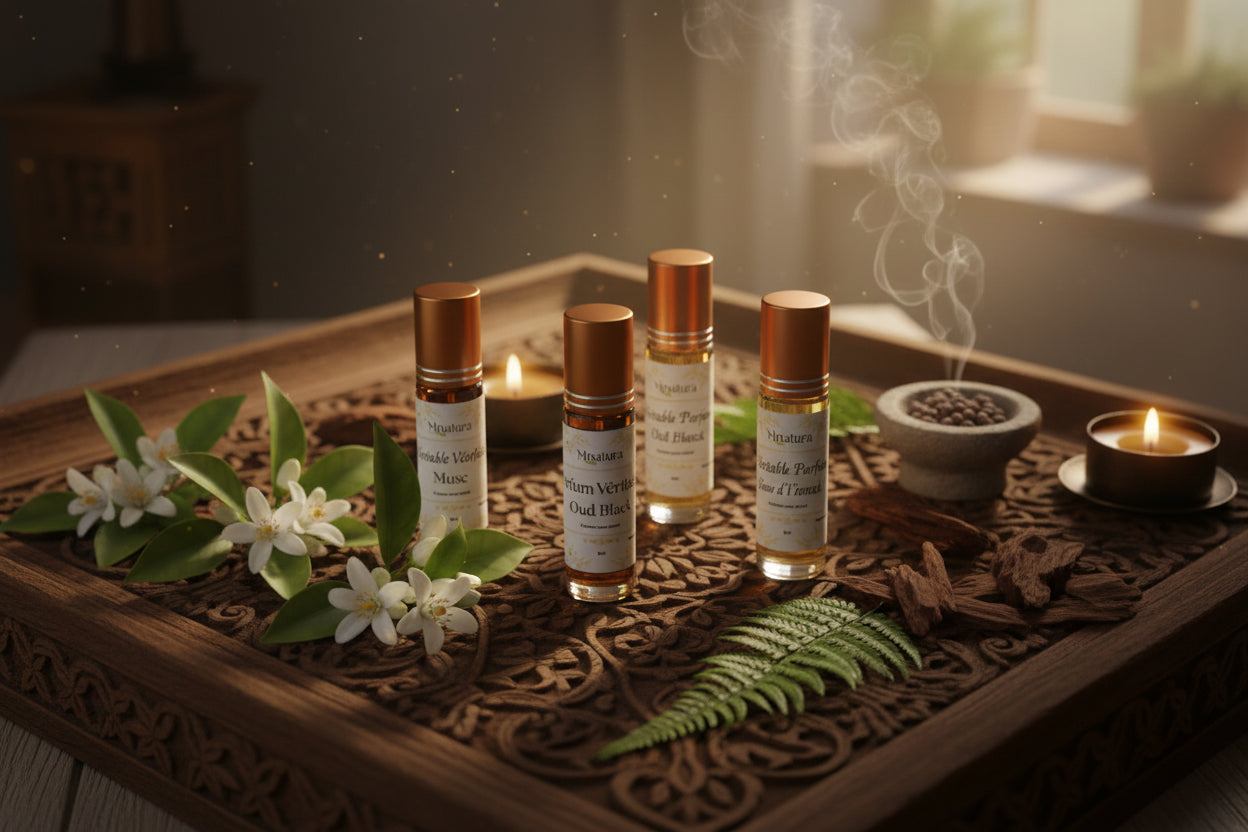 Coffret Senteurs d'Orient Mnatura – 4 parfums sans alcool : Musc, Fleur d'Oranger, Patchouli & Kalimat