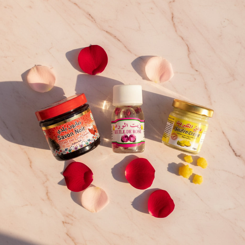 Coffret Soin Visage Oriental – Savon Noir Aker Fassi, Huile de Rose & Soufre Crème
