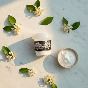 Déodorant naturel Toutia à la fleur d'oranger Mnatura – Soin traditionnel marocain sans aluminium, flat lay marbre