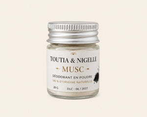 Déodorant oriental en poudre Toutia & Nigelle Musc en format mini.