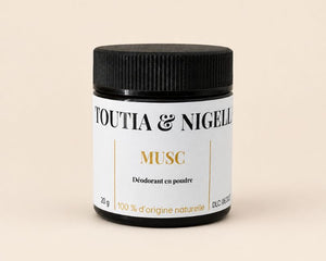 Déodorant en poudre Toutia & Nigelle Musc 20 g Mnatura, poudre déodorante orientale aux ingrédients d'origine naturelle.