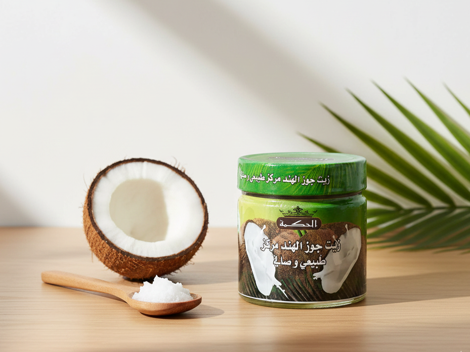 Huile de noix de coco El Hikma – flacon naturel riche en acides gras essentiels pour cuisine, peau et cheveux.