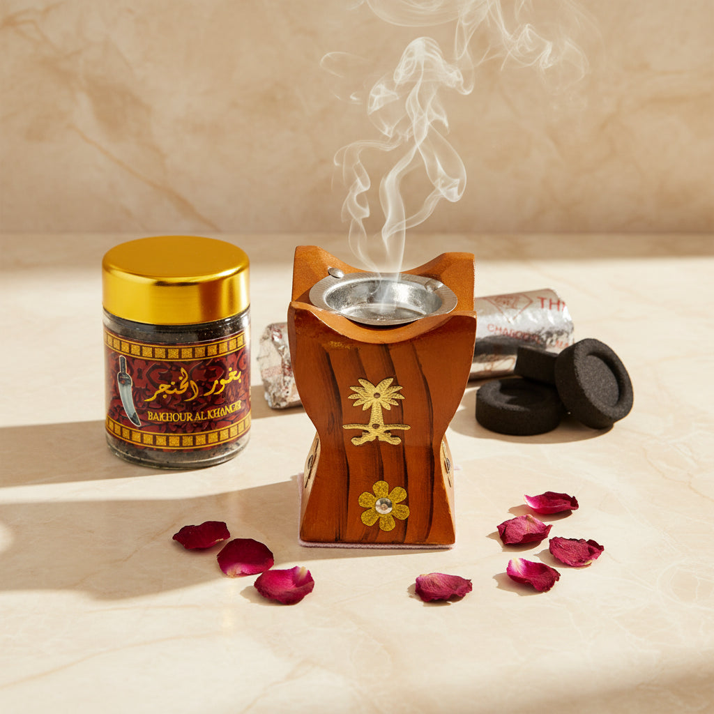 Kit Rituel Encens Complet Mnatura – Bakhoor Al Khanjar Oud & Musc, Charbon Naturel & Encensoir Artisanal en Bois
