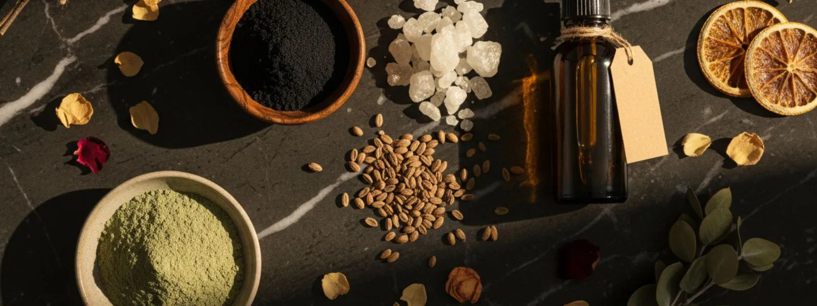 Produits naturels orientaux Mnatura — Fassoukh, Henné Noir, Harmel et Huile de Romarin sur marbre
