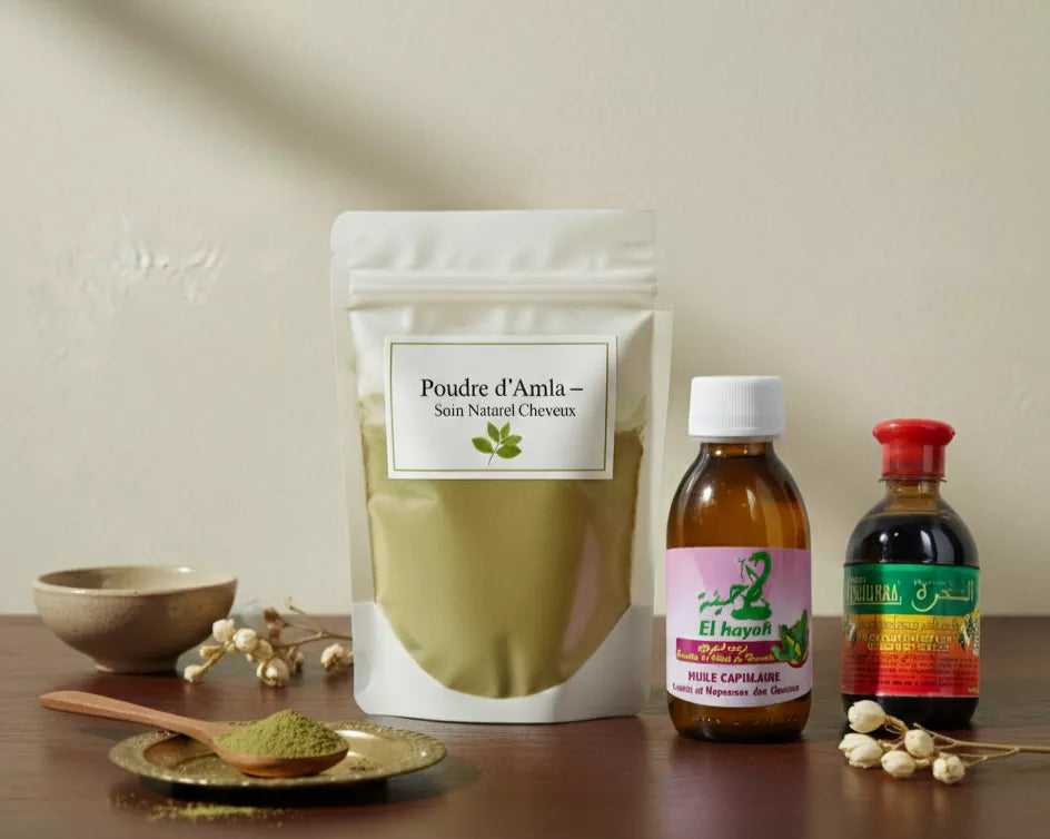 Coffret anti-chute cheveux naturel avec shampoing à la nigelle, poudre d’amla et huile Elhaya – soin fortifiant et stimulateur de pousse