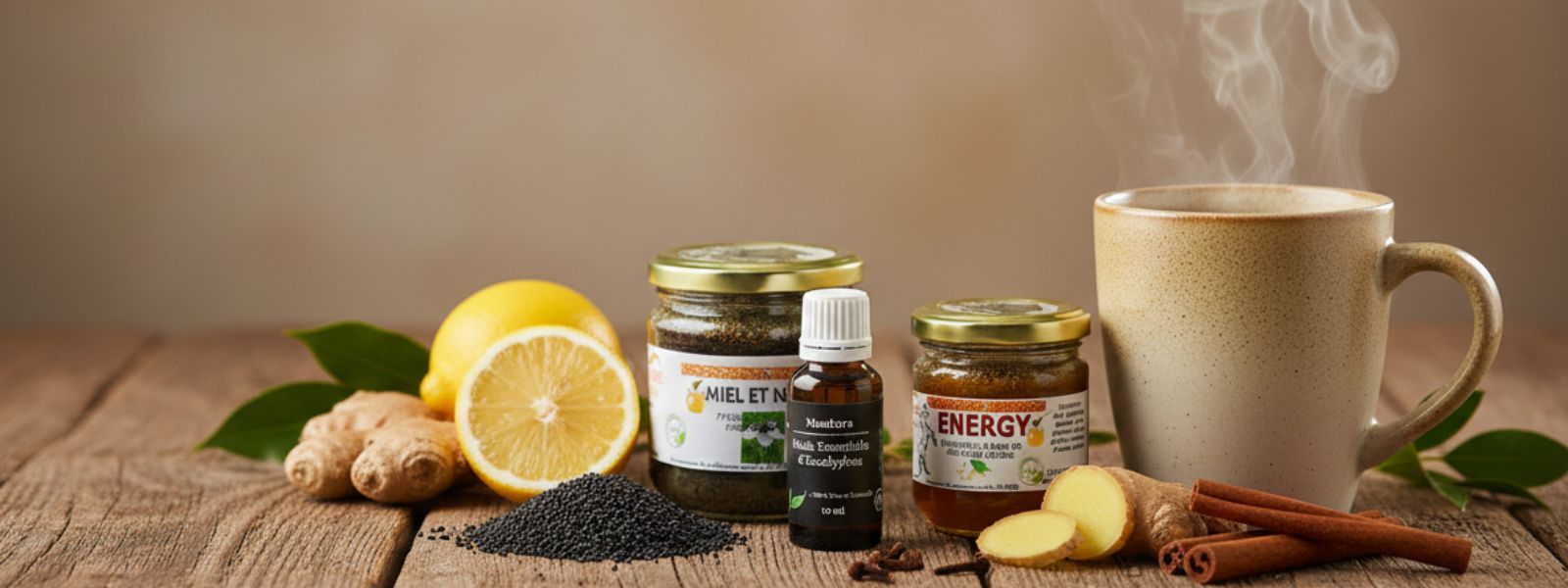 Remèdes naturels contre le froid avec baume du tigre, miel à la nigelle et grog chaud traditionnel