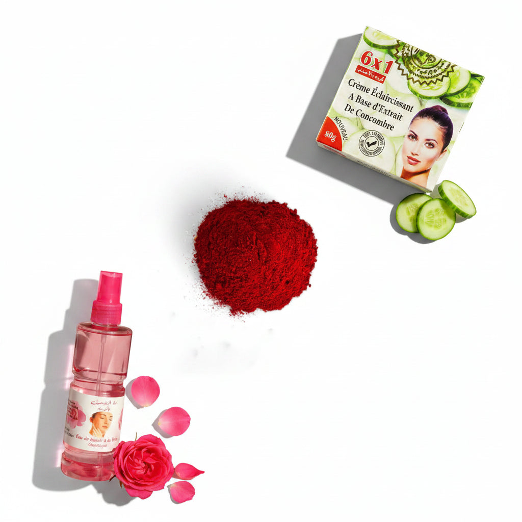 Trio Luminosité Naturelle Mnatura – Aker Fassi en poudre, Crème Éclaircissante au Concombre et Eau de Rose Pure, coffret soin beauté marocain naturel