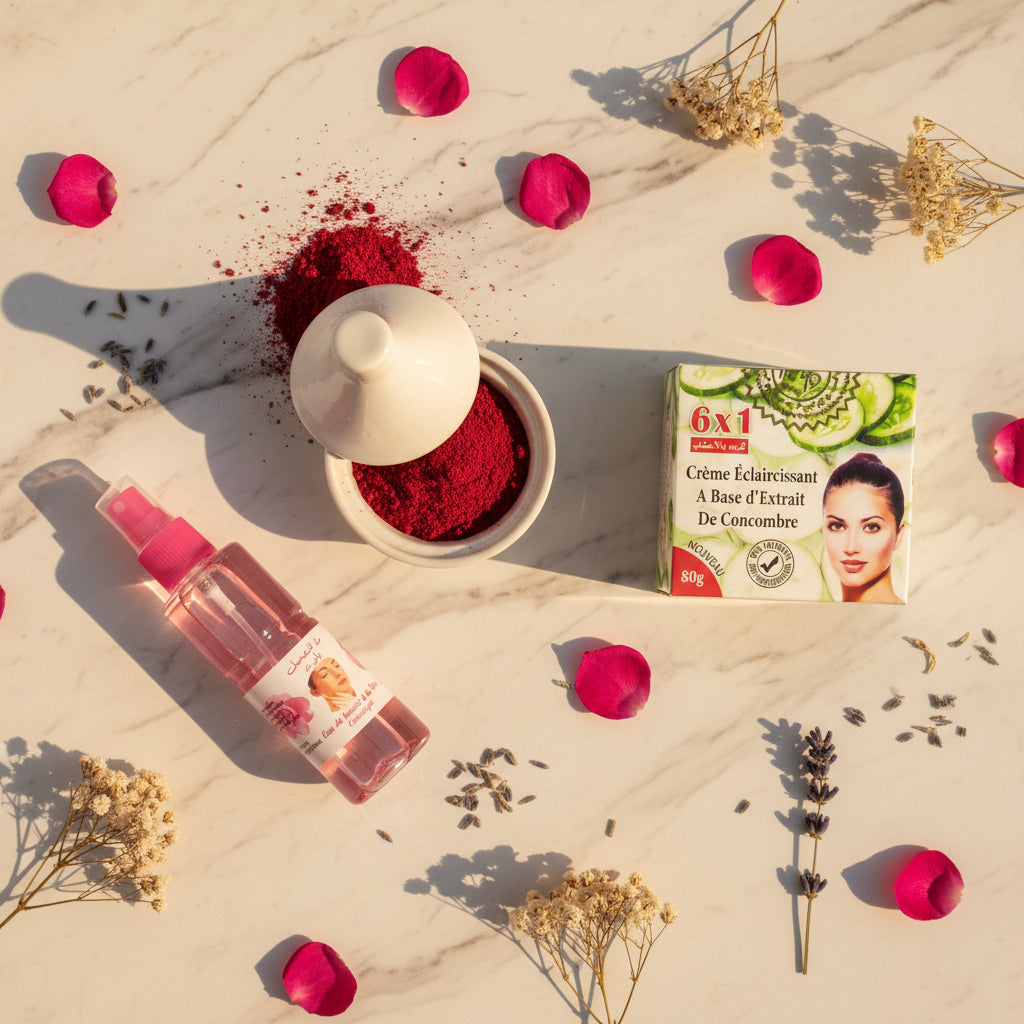 Trio Luminosité Naturelle Mnatura – Aker Fassi en poudre, Crème Éclaircissante au Concombre et Eau de Rose Pure, coffret soin beauté marocain naturel