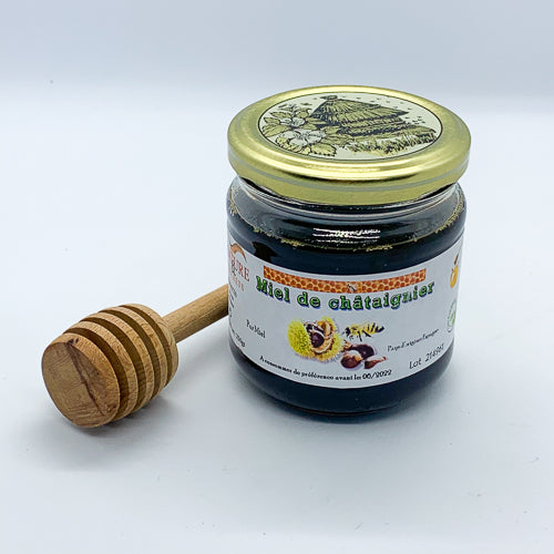 Pot de miel de châtaignier pur, couleur sombre et goût intense, idéal en cuisine et soins naturels.
